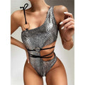 Snake One Shoulder High Leg Cut Out Piece Swimsuit - Silver / S On sale