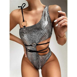 Snake One Shoulder High Leg Cut Out Piece Swimsuit - Silver / S On sale