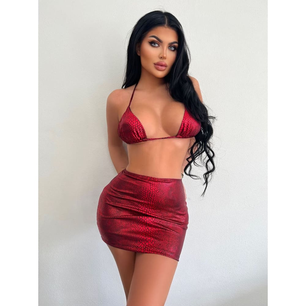 Snake Pattern Halter Three Piece Bikini With Skirt - Red / L On sale
