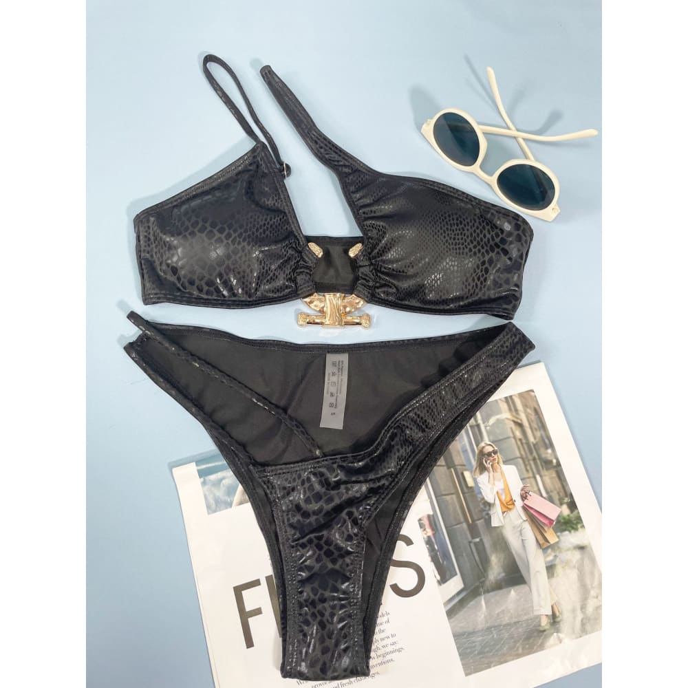 Snake Print O Ring One Shoulder Cut Out Bikini - On sale