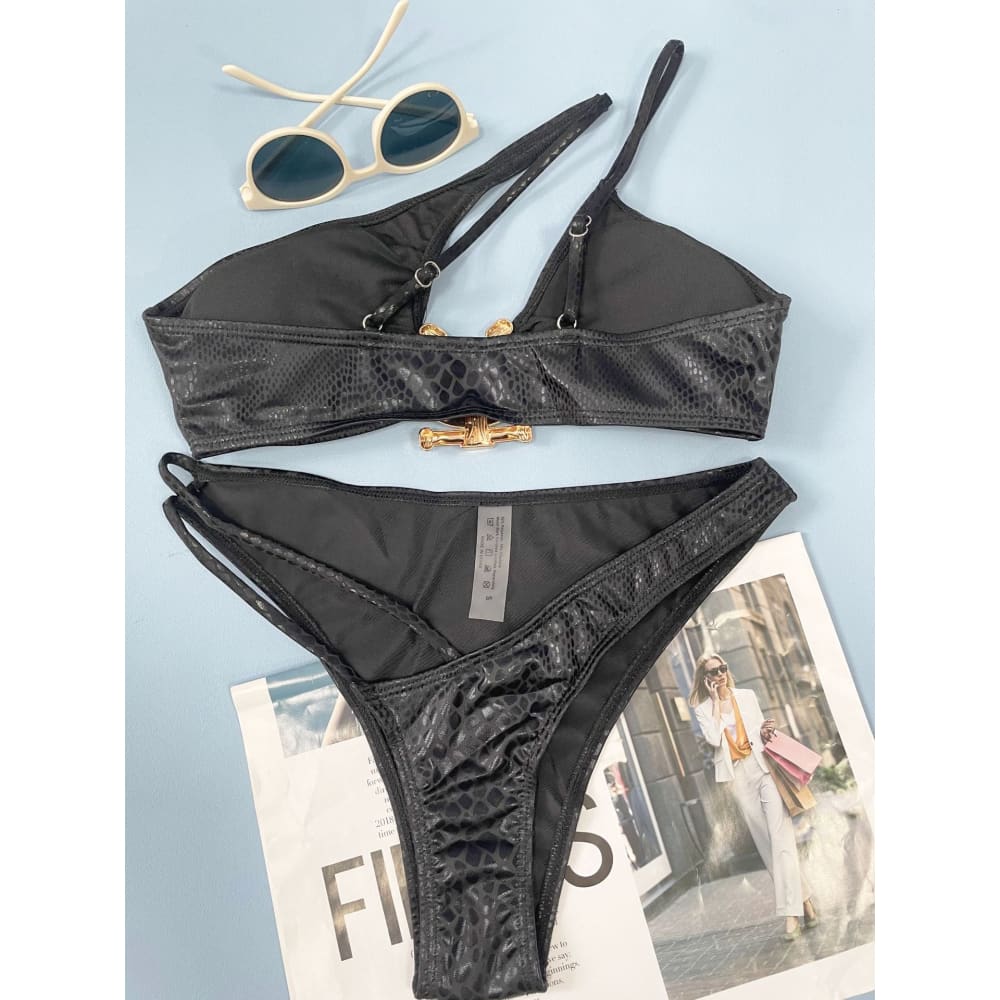 Snake Print O Ring One Shoulder Cut Out Bikini - On sale
