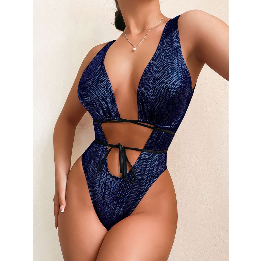 Snake Strappy Lace Up Backless One Piece Swimsuit - Dark blue / L On sale