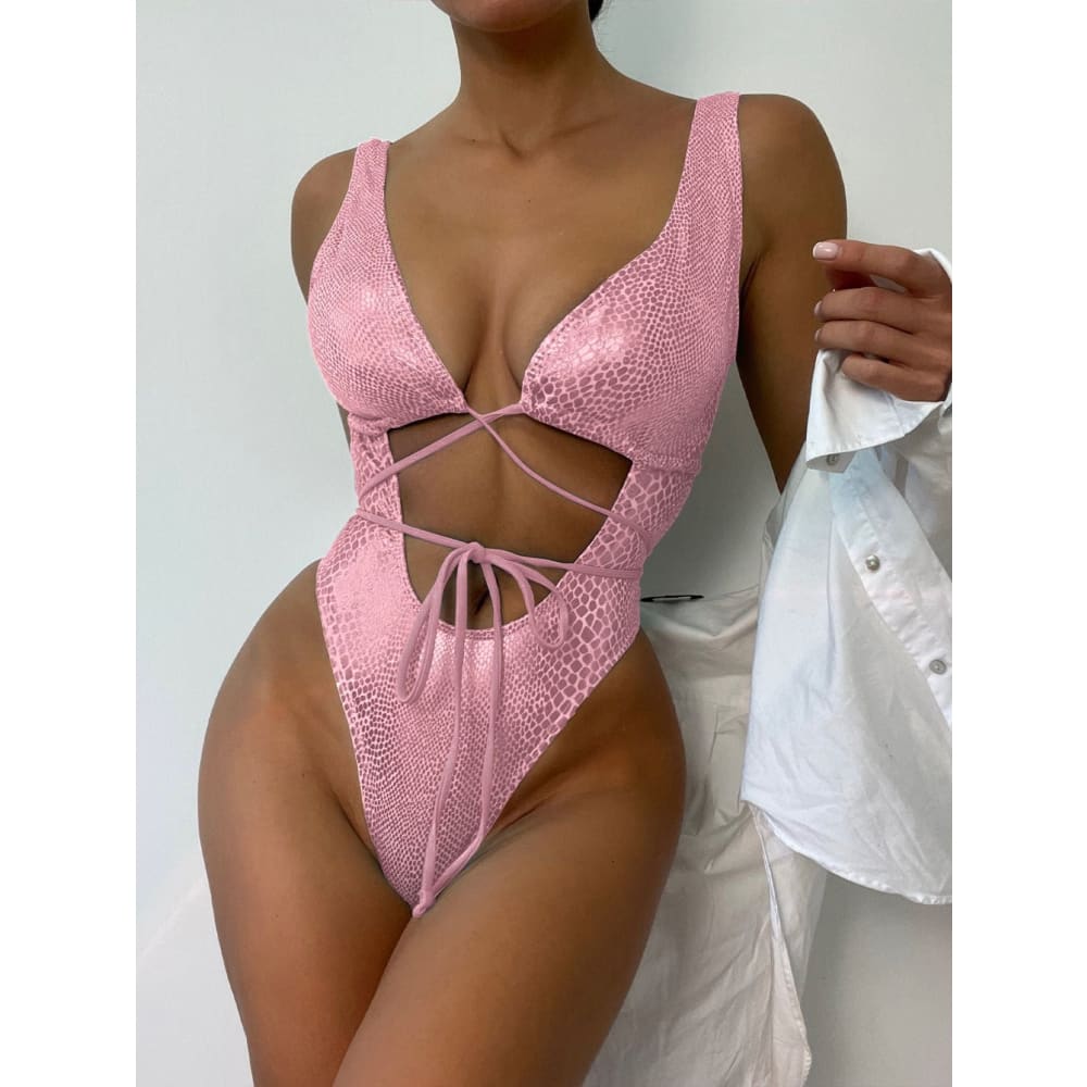 Snake Strappy Lace Up Backless One Piece Swimsuit - Pink / L On sale