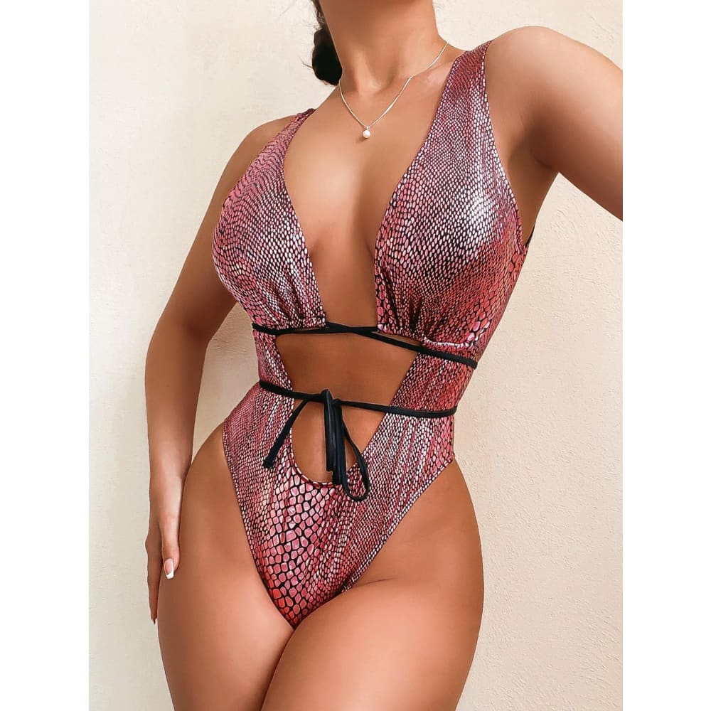 Snake Strappy Lace Up Backless One Piece Swimsuit - Rose Gold / L On sale