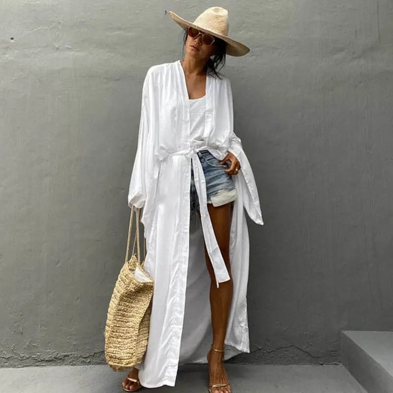 Solid Cotton Belted Kimono Beach Cover Up Dress On sale