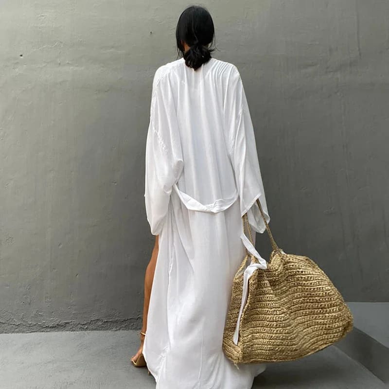 Solid Cotton Belted Kimono Beach Cover Up Dress On sale