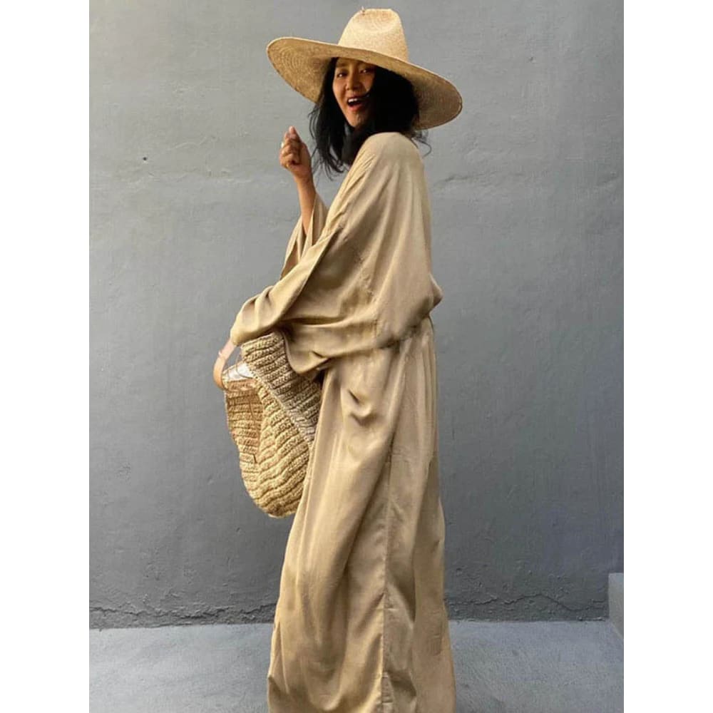 Solid Cotton Belted Kimono Beach Cover Up Dress On sale