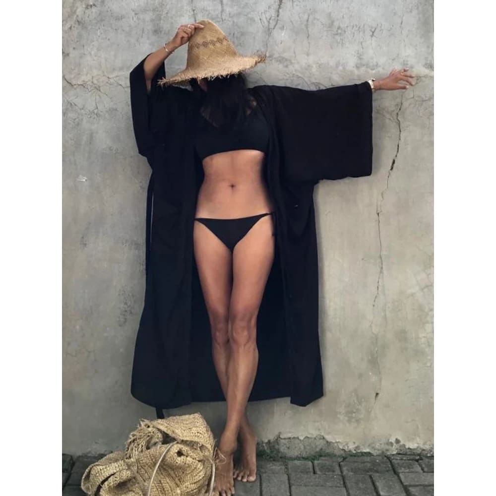 Solid Cotton Belted Kimono Beach Cover Up Dress Black / One Size On sale