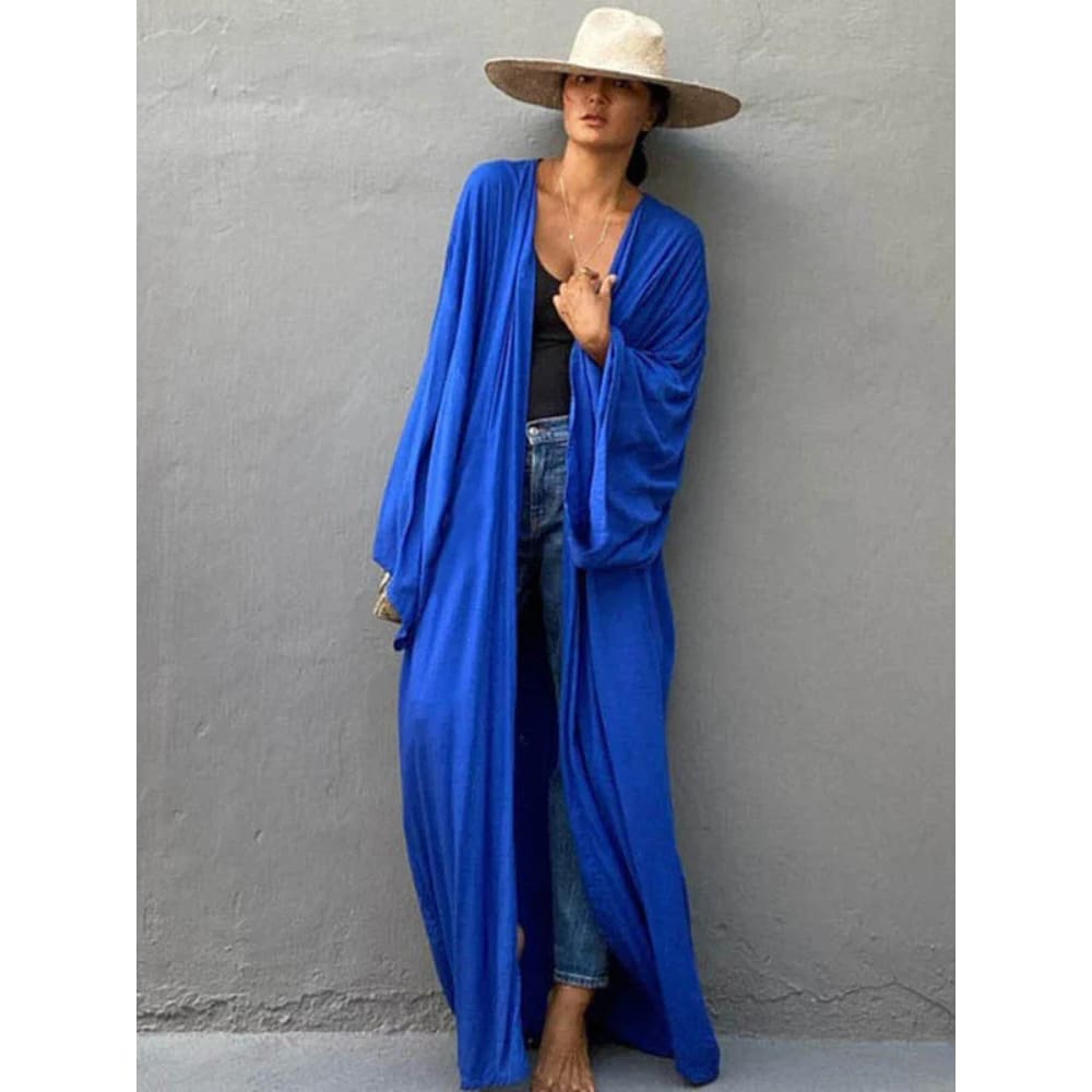 Solid Cotton Belted Kimono Beach Cover Up Dress Blue / One Size On sale