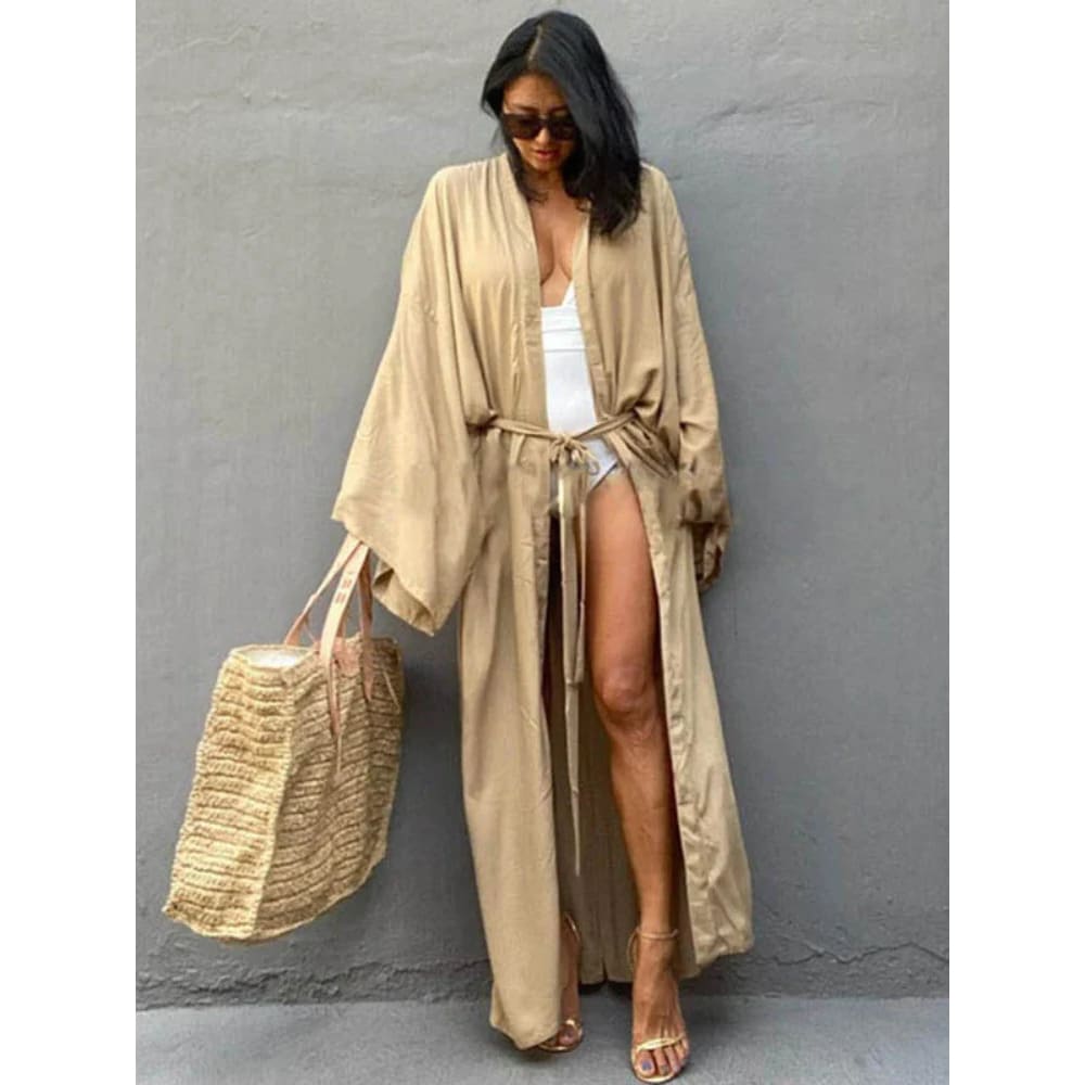 Solid Cotton Belted Kimono Beach Cover Up Dress Khaki / One Size On sale