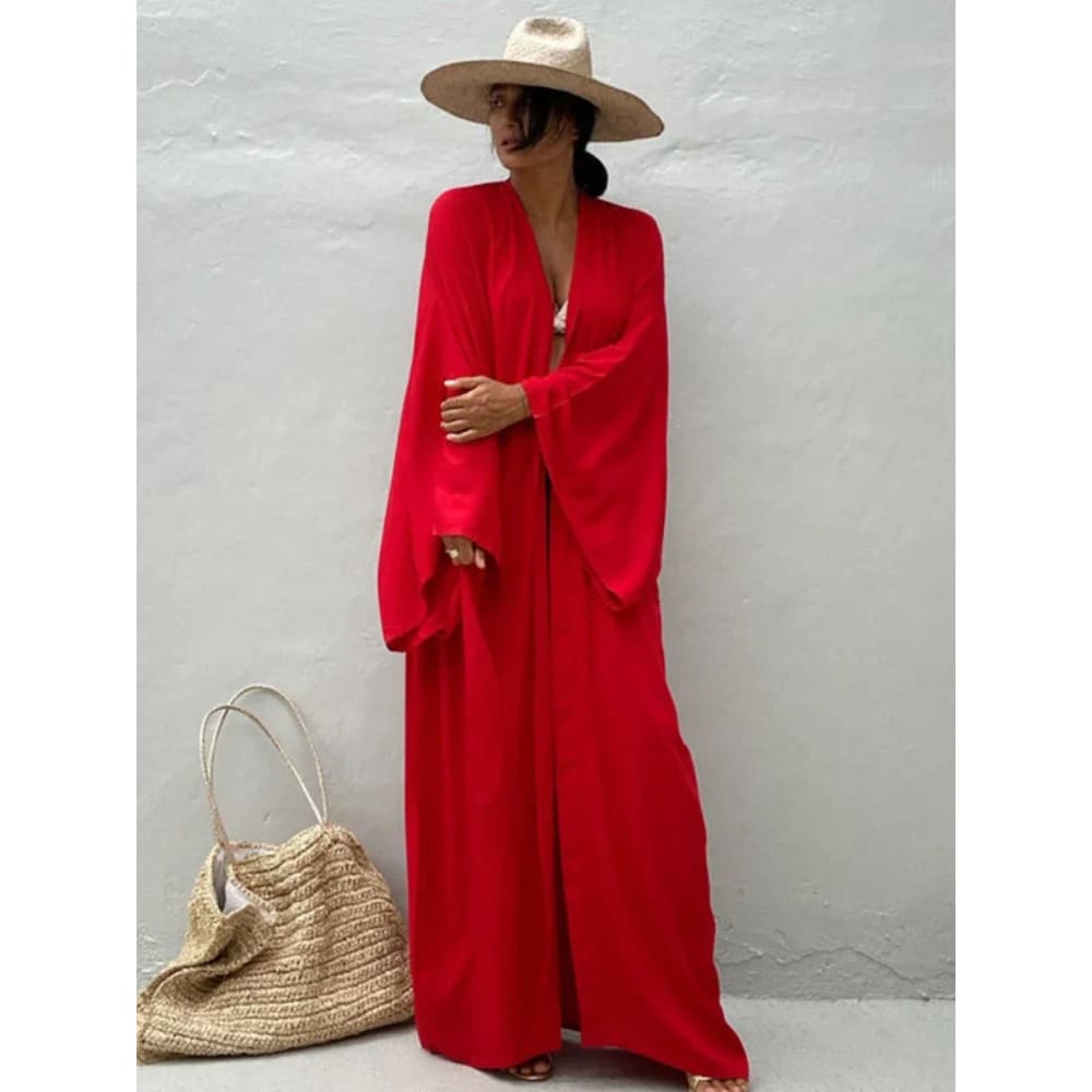 Solid Cotton Belted Kimono Beach Cover Up Dress Red / One Size On sale