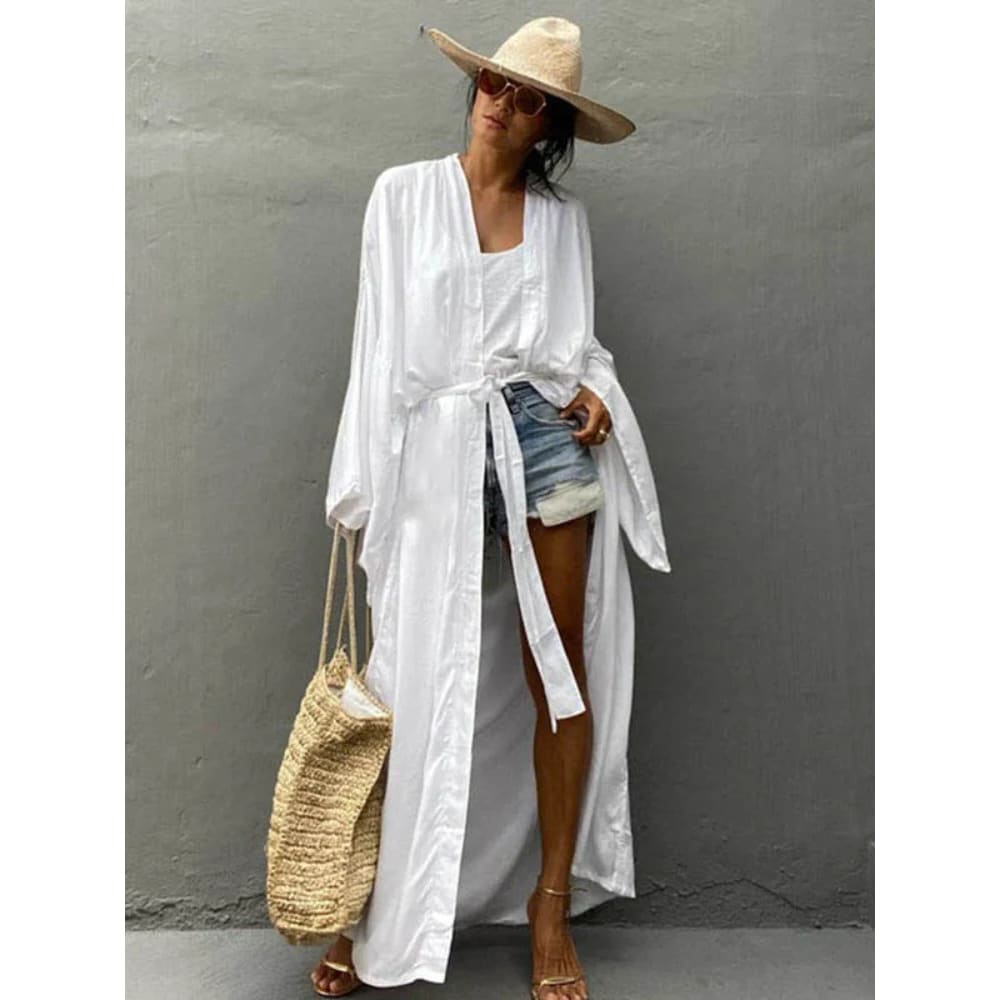 Solid Cotton Belted Kimono Beach Cover Up Dress White / One Size On sale