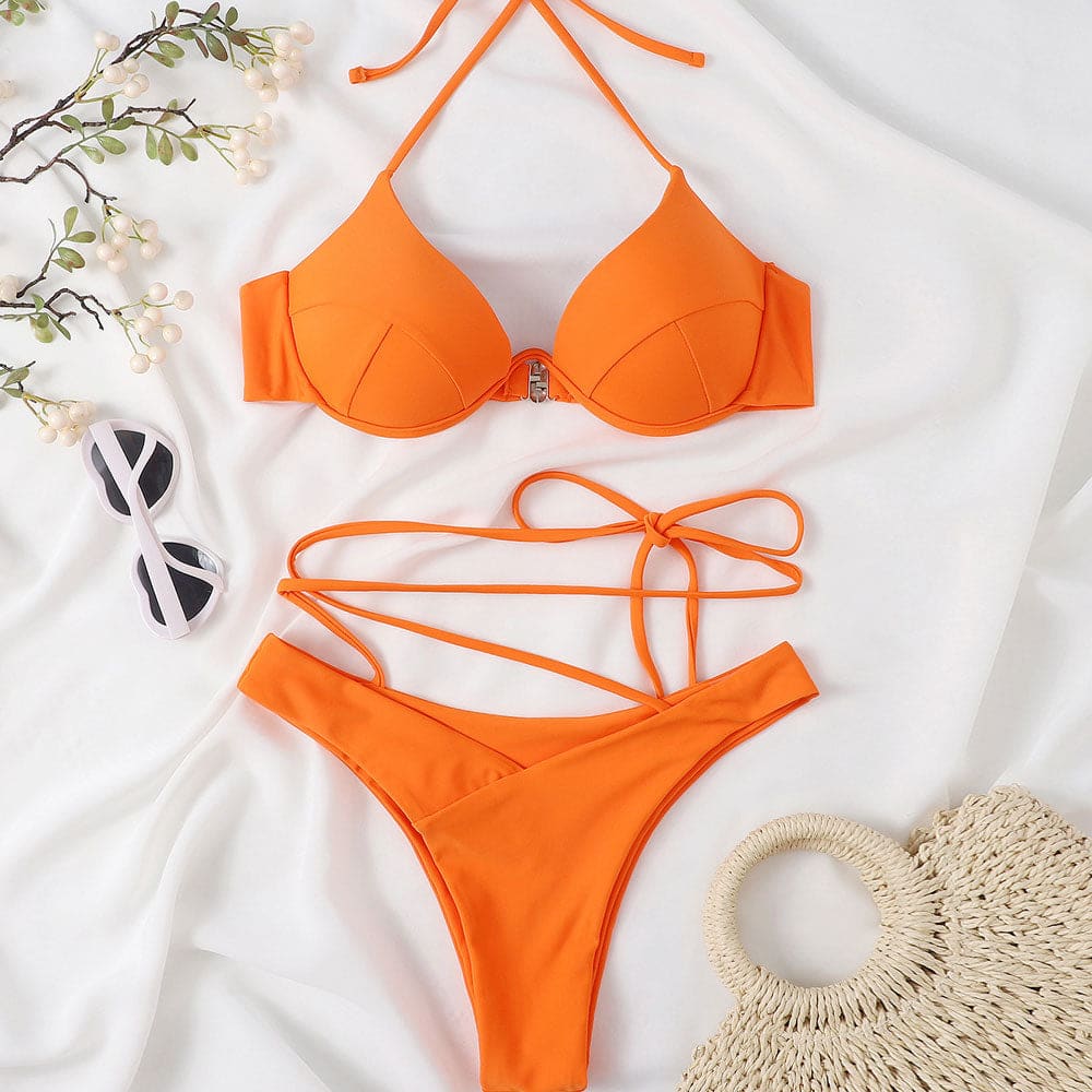 Solid High Cut Underwire Halter Brazilian Bikini Swimsuit - On sale