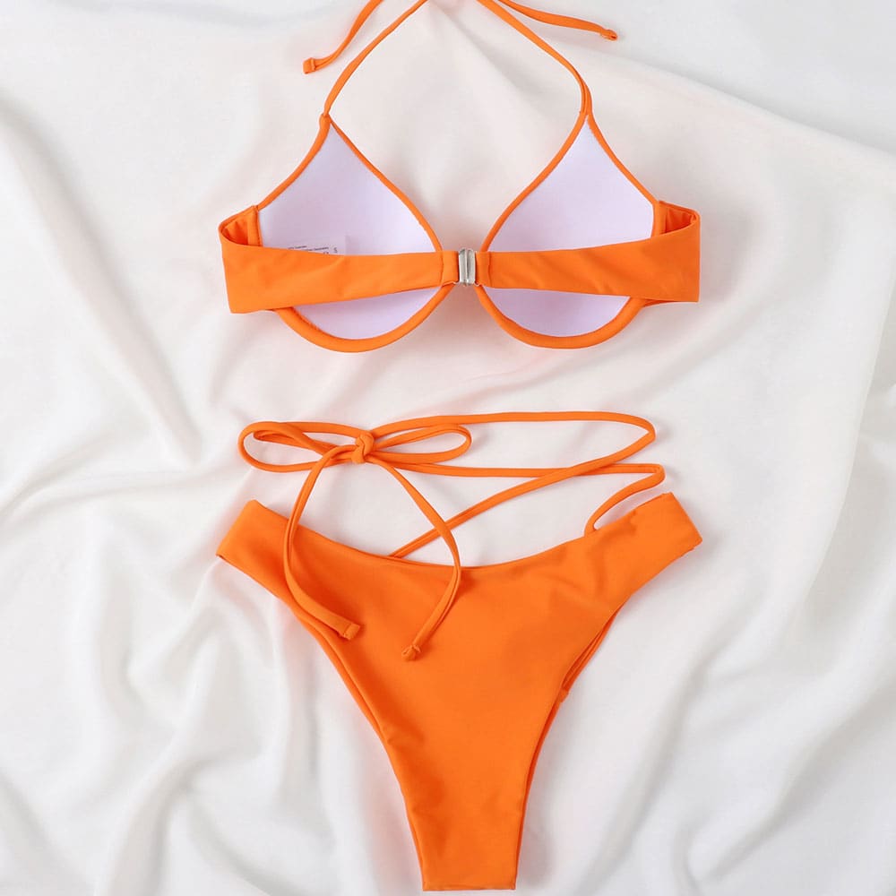 Solid High Cut Underwire Halter Brazilian Bikini Swimsuit - On sale