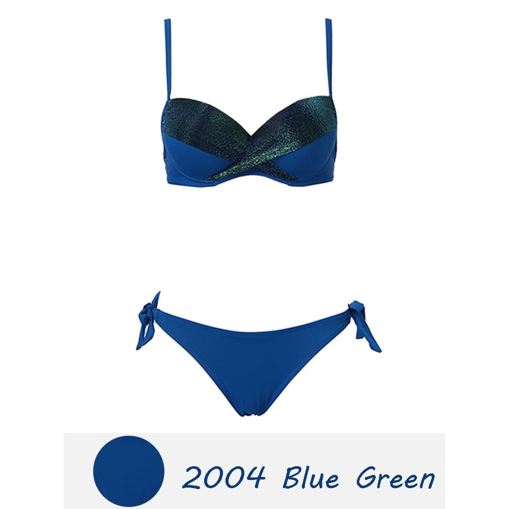 Solid Push Up Halter Underwire Bikini Swimsuit - 2004 Blue-Green / S On sale