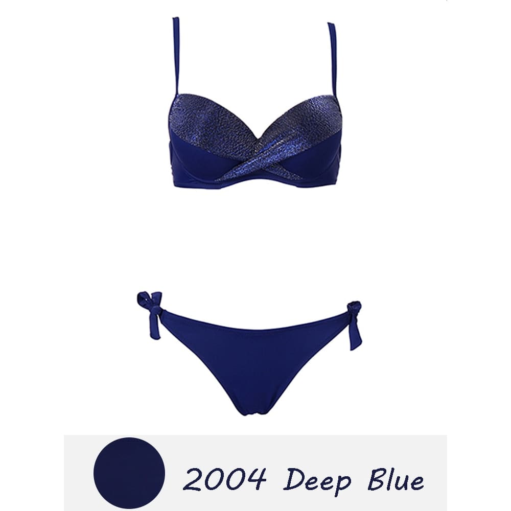 Solid Push Up Halter Underwire Bikini Swimsuit - 2004 Deep Blue / S On sale