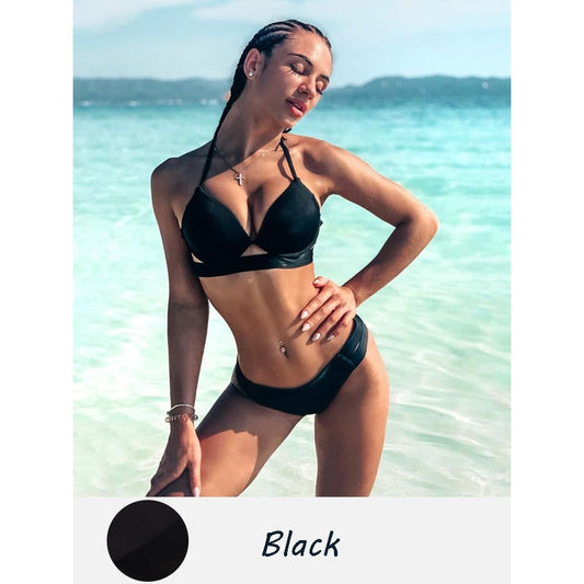 Solid Push Up Halter Underwire Bikini Swimsuit - Black / S On sale