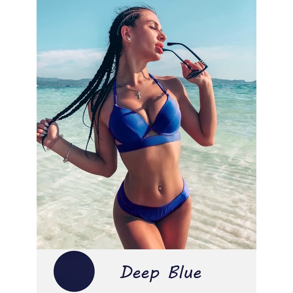 Solid Push Up Halter Underwire Bikini Swimsuit - deep Blue / S On sale