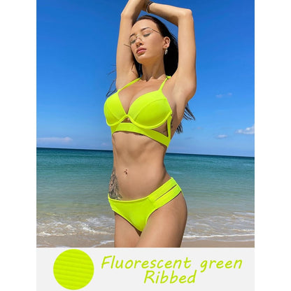 Solid Push Up Halter Underwire Bikini Swimsuit - Fluorescent green / S On sale