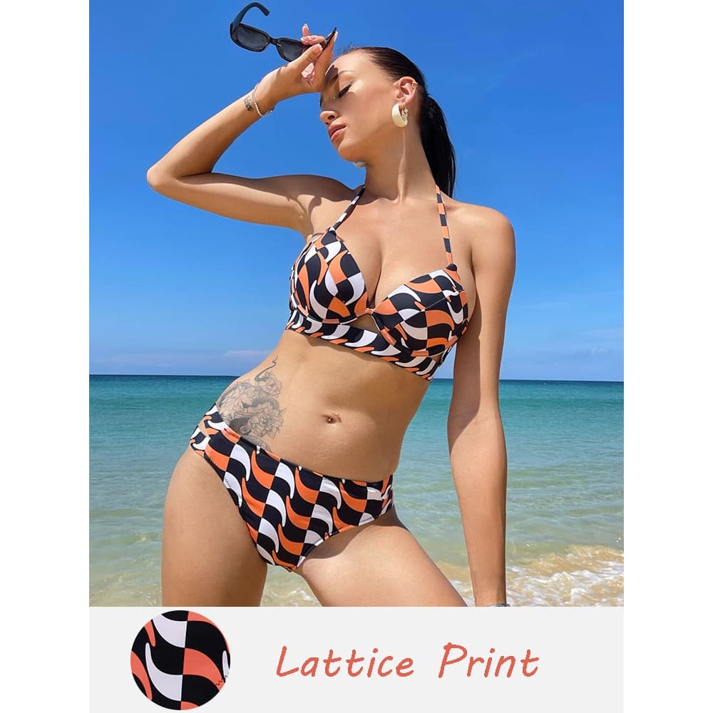 Solid Push Up Halter Underwire Bikini Swimsuit - Lattice Print / S On sale