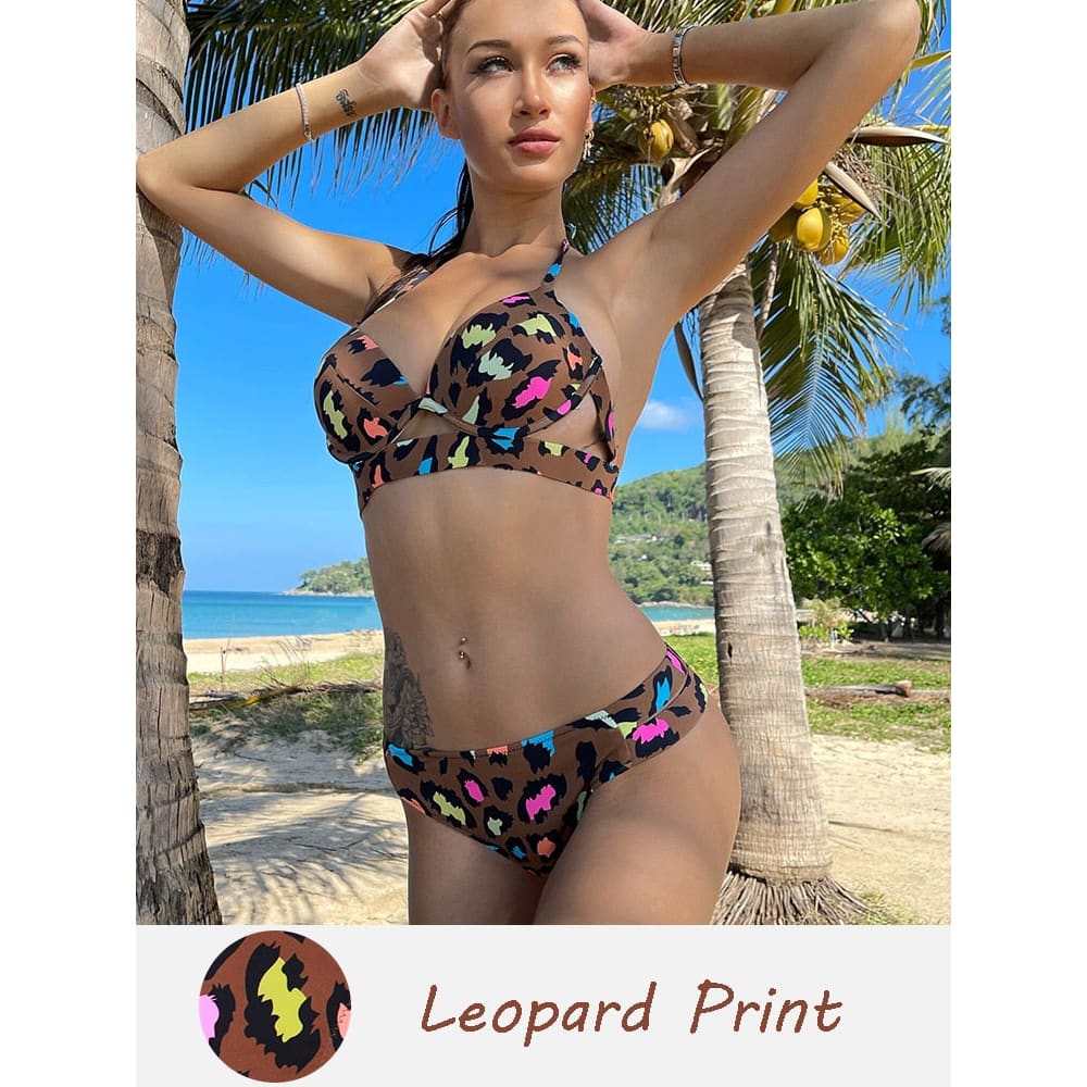 Solid Push Up Halter Underwire Bikini Swimsuit - Leopard Print / S On sale