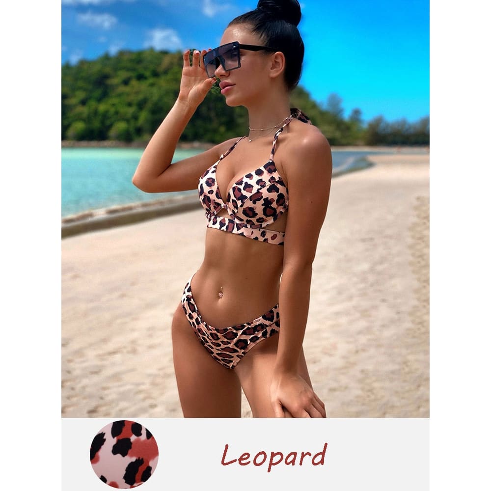 Solid Push Up Halter Underwire Bikini Swimsuit - Leopard / S On sale