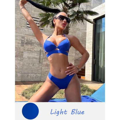 Solid Push Up Halter Underwire Bikini Swimsuit - Light blue / S On sale