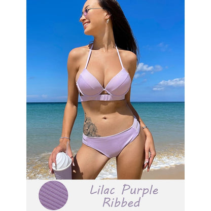 Solid Push Up Halter Underwire Bikini Swimsuit - Lilac Purple Ribbed / S On sale