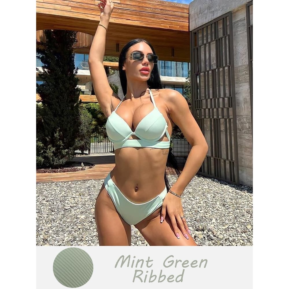 Solid Push Up Halter Underwire Bikini Swimsuit - Mint Green Ribbed / S On sale