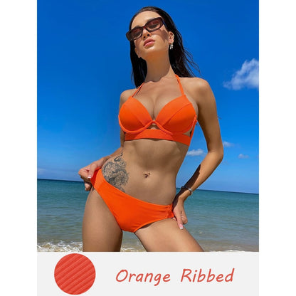 Solid Push Up Halter Underwire Bikini Swimsuit - Orange Ribbed / S On sale