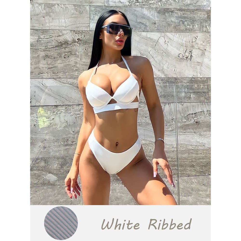 Solid Push Up Halter Underwire Bikini Swimsuit - White Ribbed / S On sale