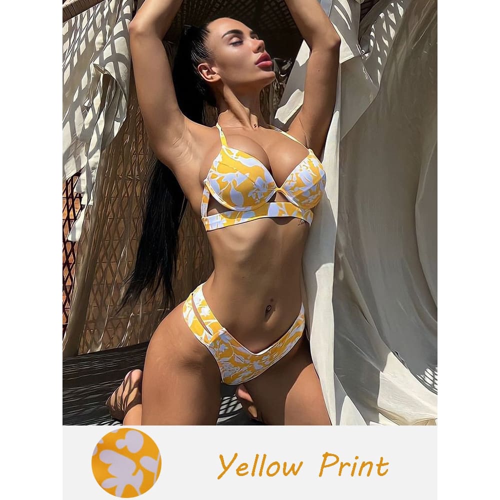 Solid Push Up Halter Underwire Bikini Swimsuit - Yellow Print / S On sale