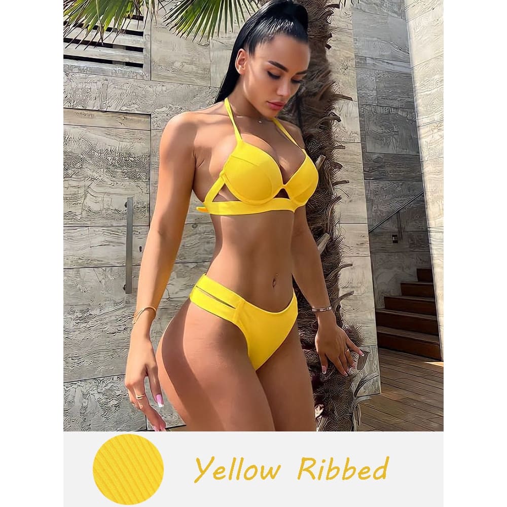 Solid Push Up Halter Underwire Bikini Swimsuit - Yellow Ribbed / S On sale