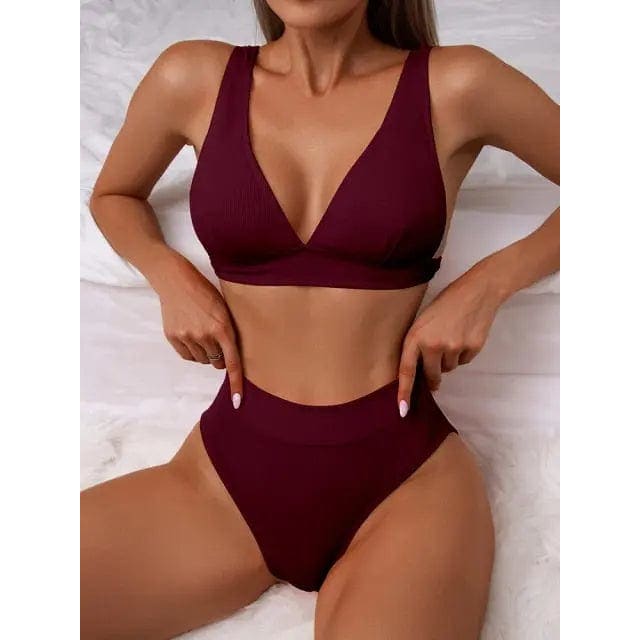 Solid Ribbed High Waist V-neck Push Up Bikini Swimsuit - Wine Red / XL On sale