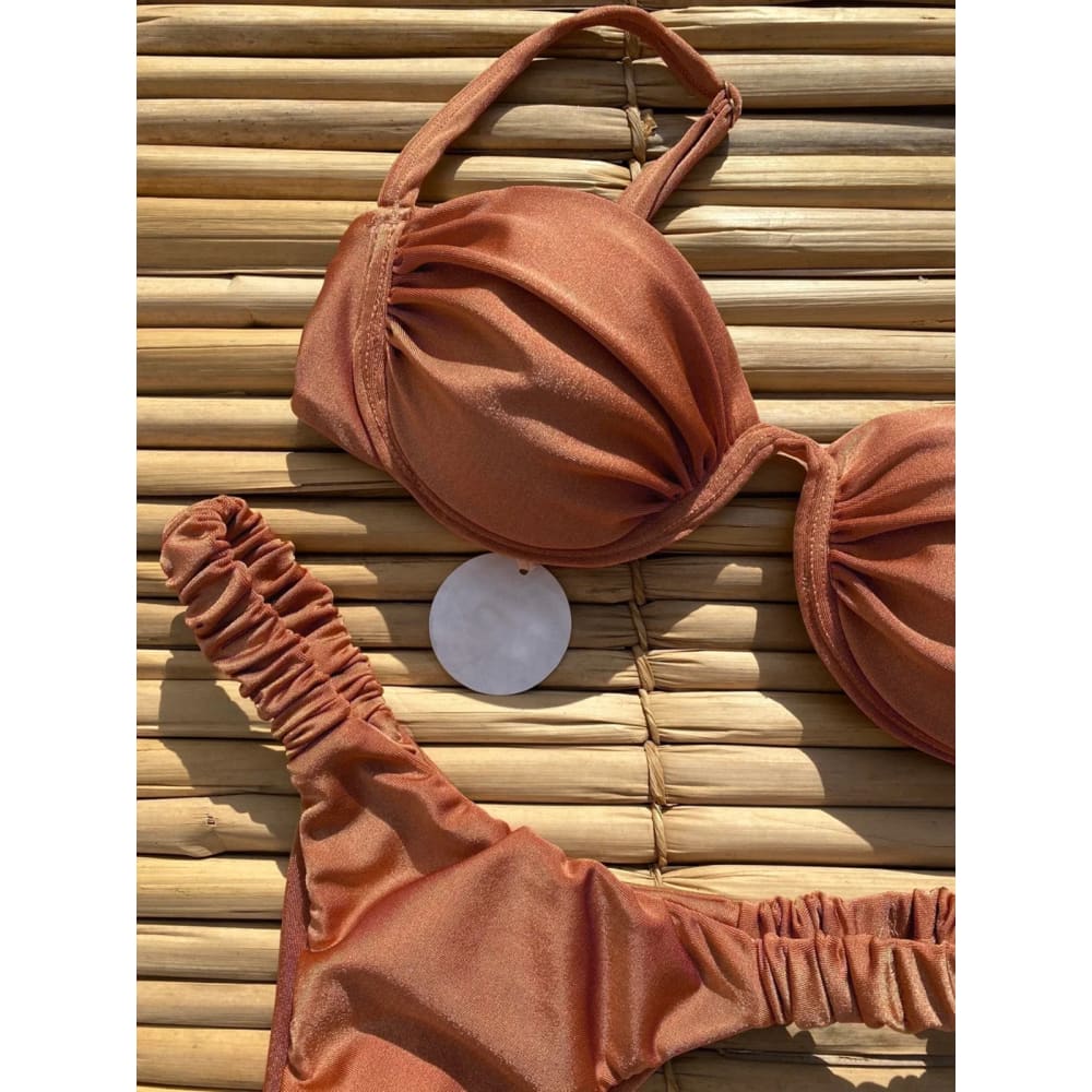 Solid Shiny Push-Up Brazilian Bikini Swimsuit - On sale