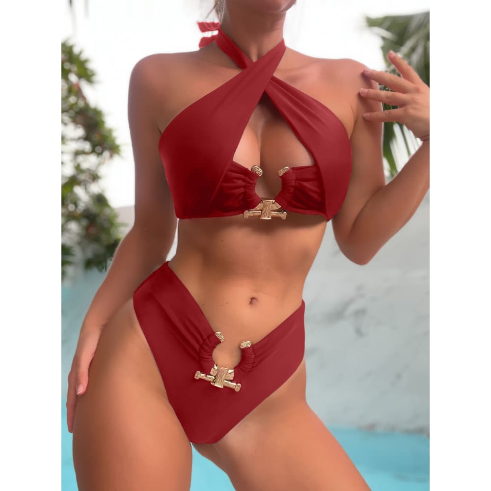 Solid Split Neck Hollow High Waist Bikini Swimsuit - Wine Red / L On sale