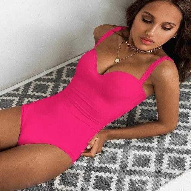 Solid Sweetheart Neckline Push Up Underwire One Piece Swimsuits - rose red / M On sale