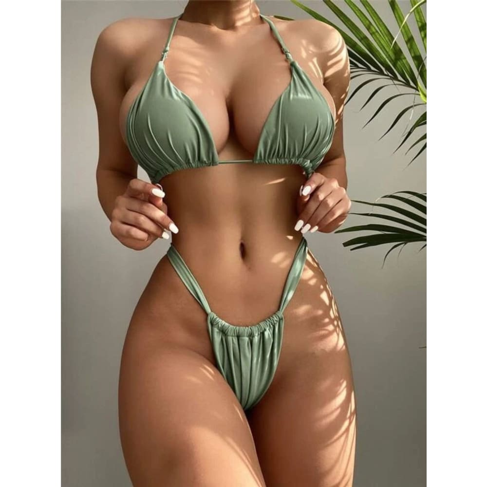 Spaghetti Strap Halter Brazilian Thong Bikini Swimsuit - Army Green / L On sale