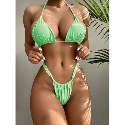 Spaghetti Strap Halter Brazilian Thong Bikini Swimsuit - Green / L On sale