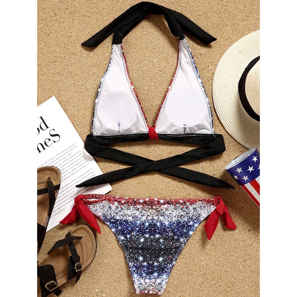 Sparkling American Flag Plus Size Halter Bikini - On sale