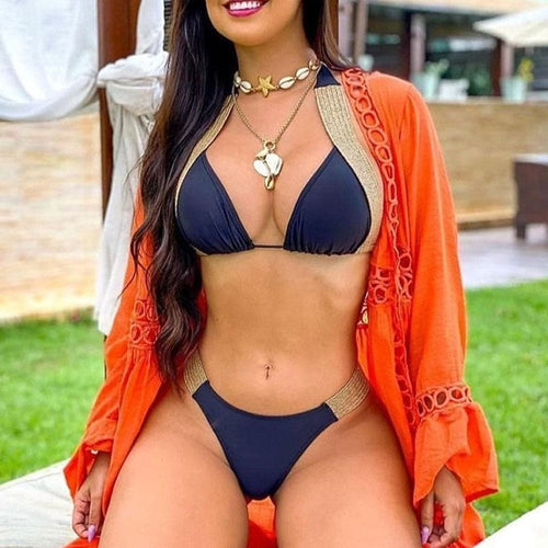 Sparkly Contrast High Cut Cheeky Triangle Brazilian Bikini - On sale