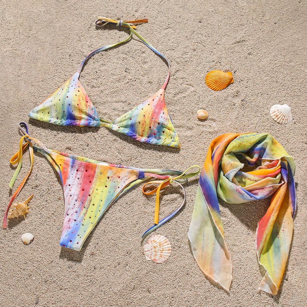 Sparkly Crystal Tie Dye Triangle Three Piece Swimsuit - On sale