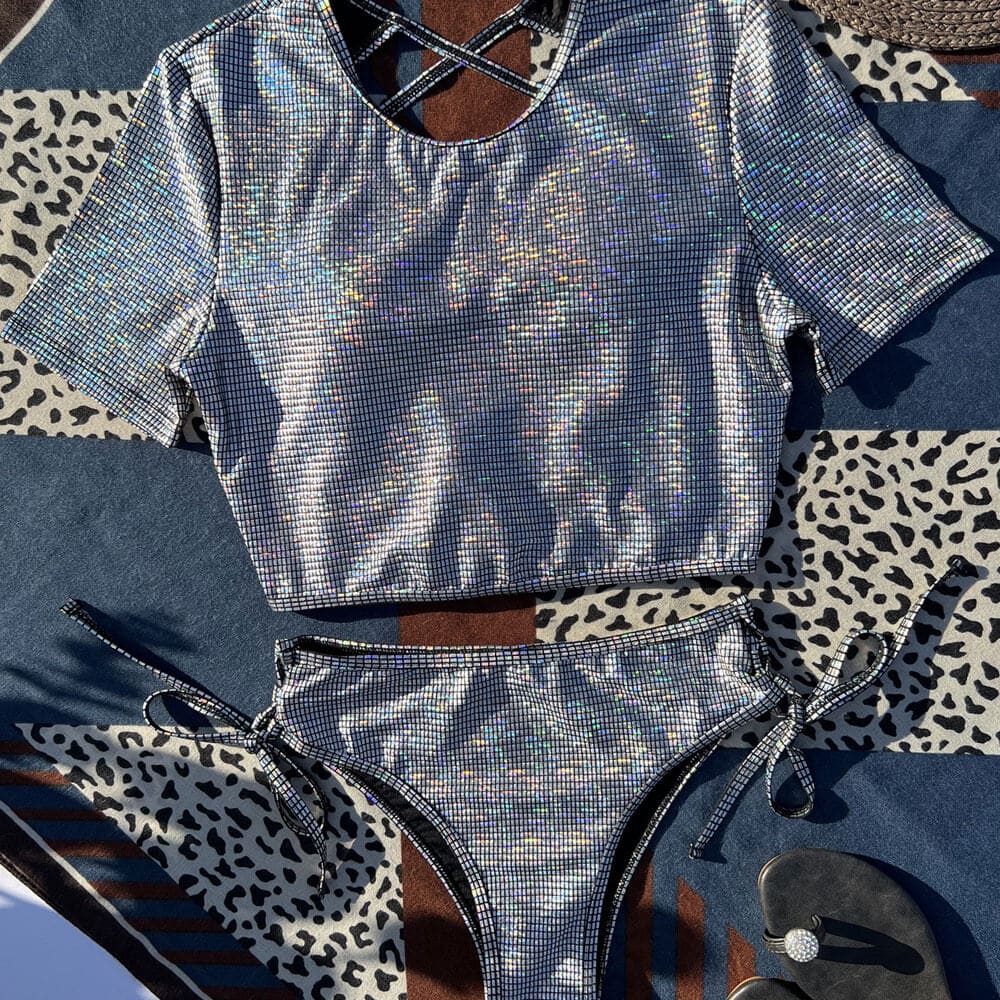 Sparkly Gingham Short Sleeve Cropped Rash Guard - On sale