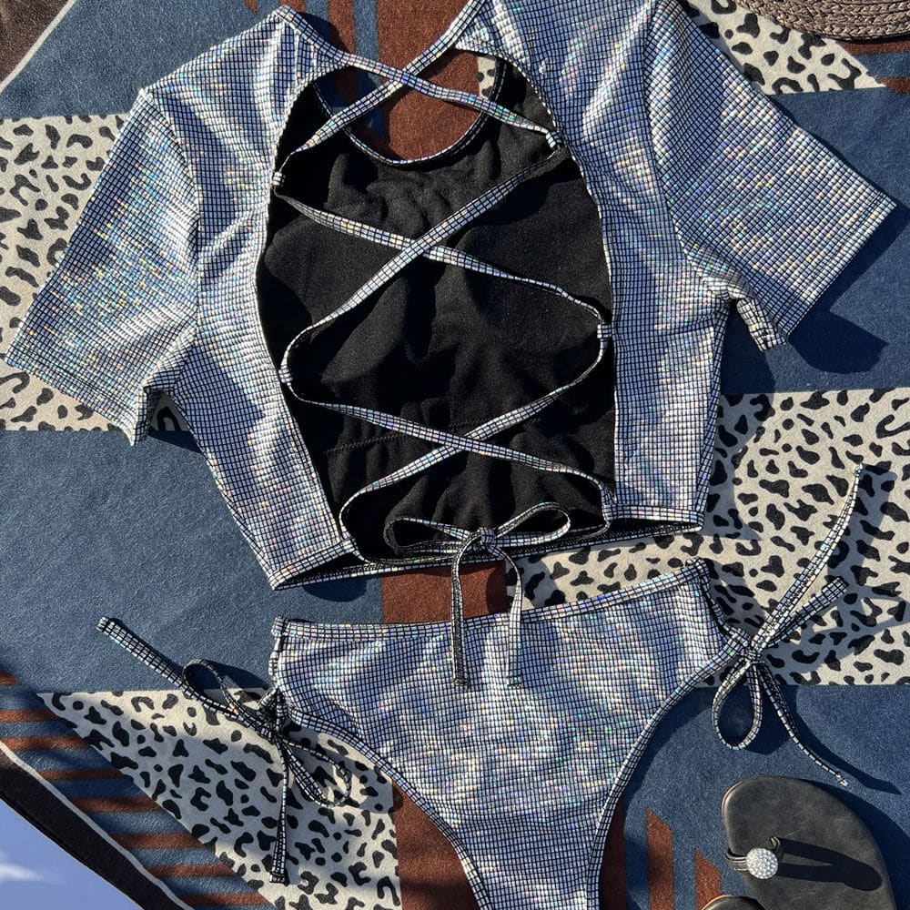 Sparkly Gingham Short Sleeve Cropped Rash Guard - On sale