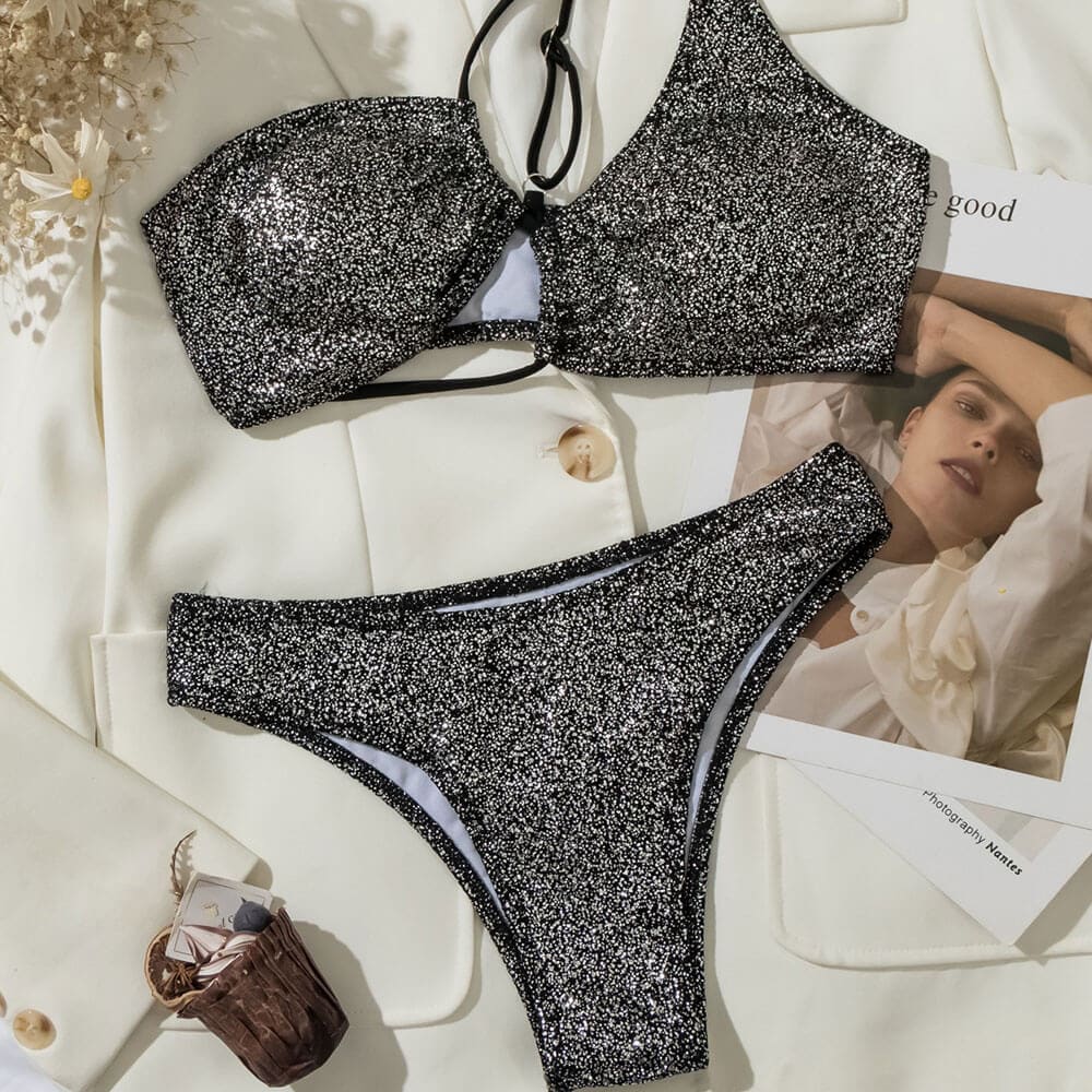 Sparkly High Cut Cutout One Shoulder Brazilian Bikini - On sale