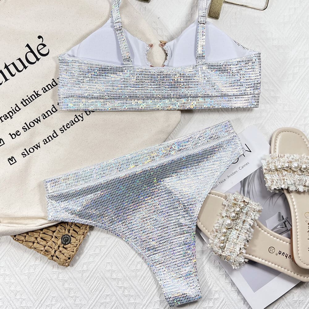 Sparkly O Ring High Waist Bralette Brazilian Bikini - On sale