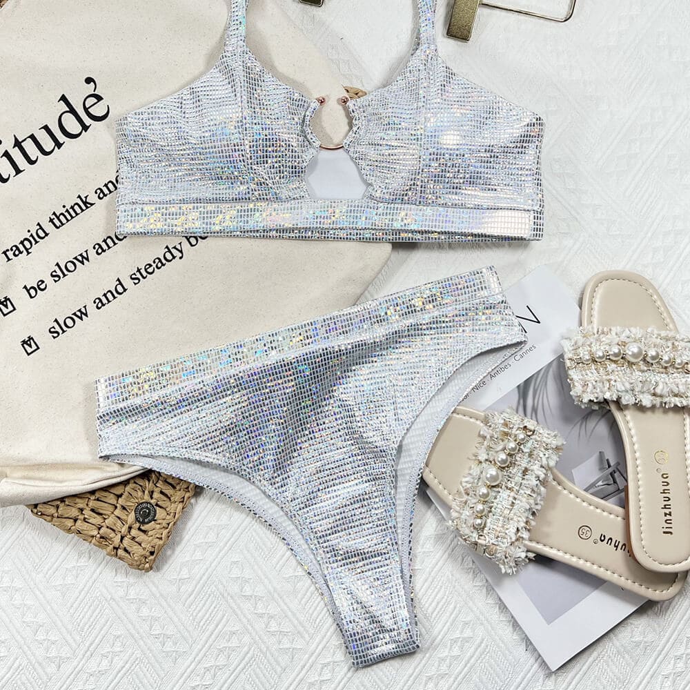 Sparkly O Ring High Waist Bralette Brazilian Bikini - On sale