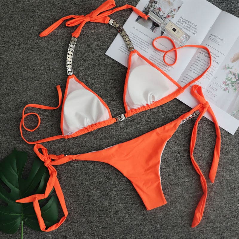 Sparkly Rhinestone Triangle Brazilian Bikini Swimsuit - On sale