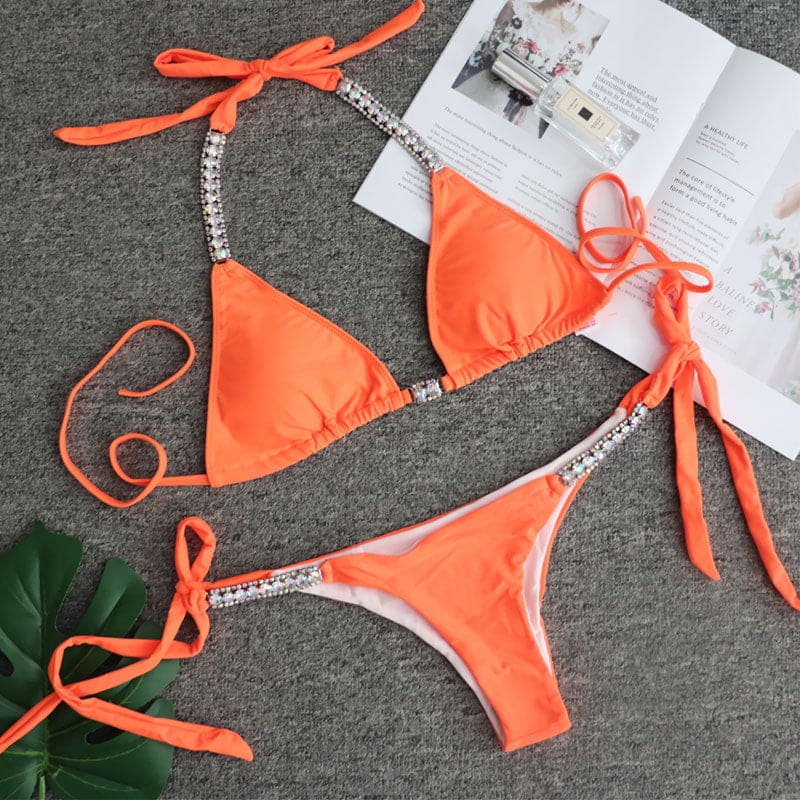 Sparkly Rhinestone Triangle Brazilian Bikini Swimsuit - On sale