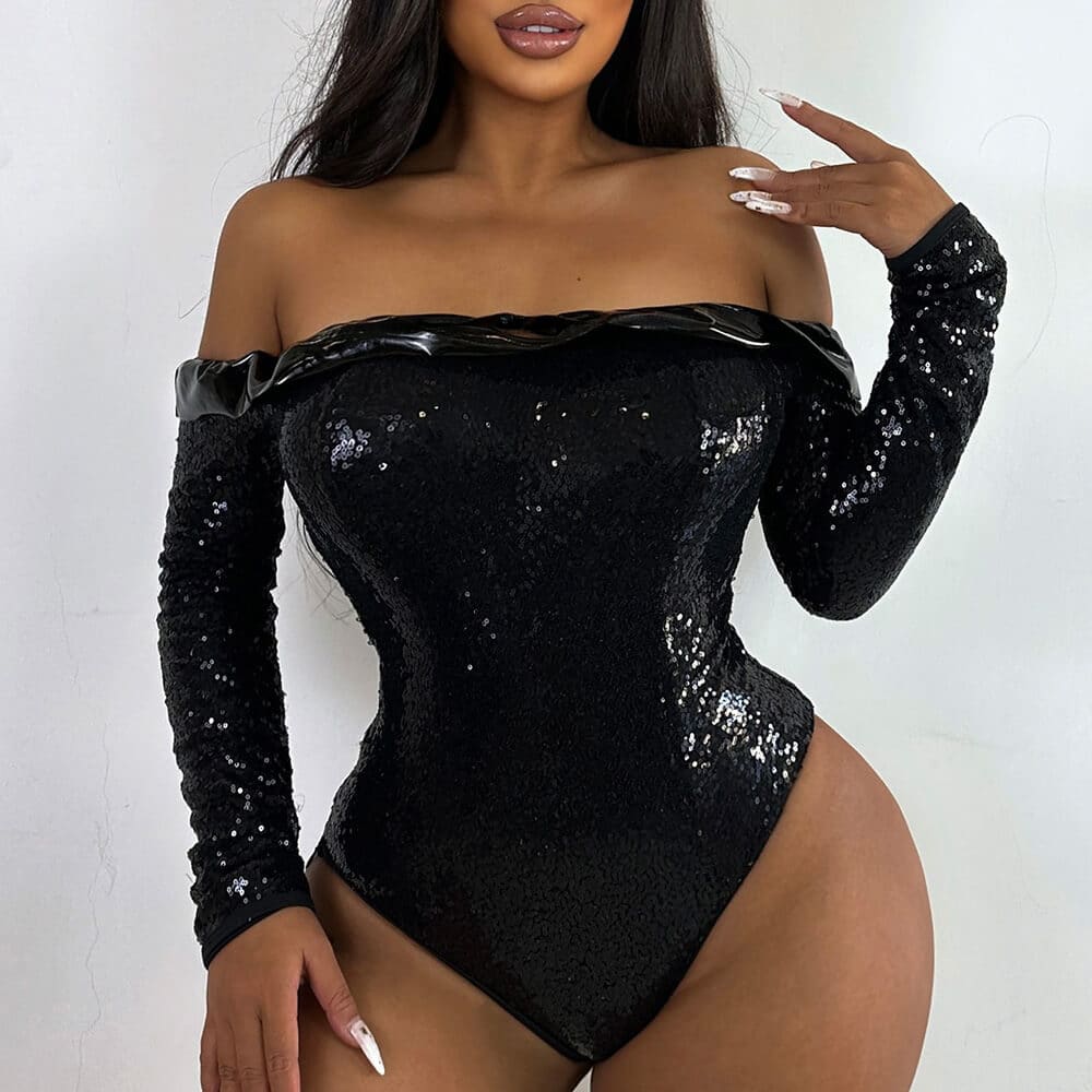 Sparkly Sequin Off Shoulder Brazilian One Piece Swimsuit - Black / S On sale